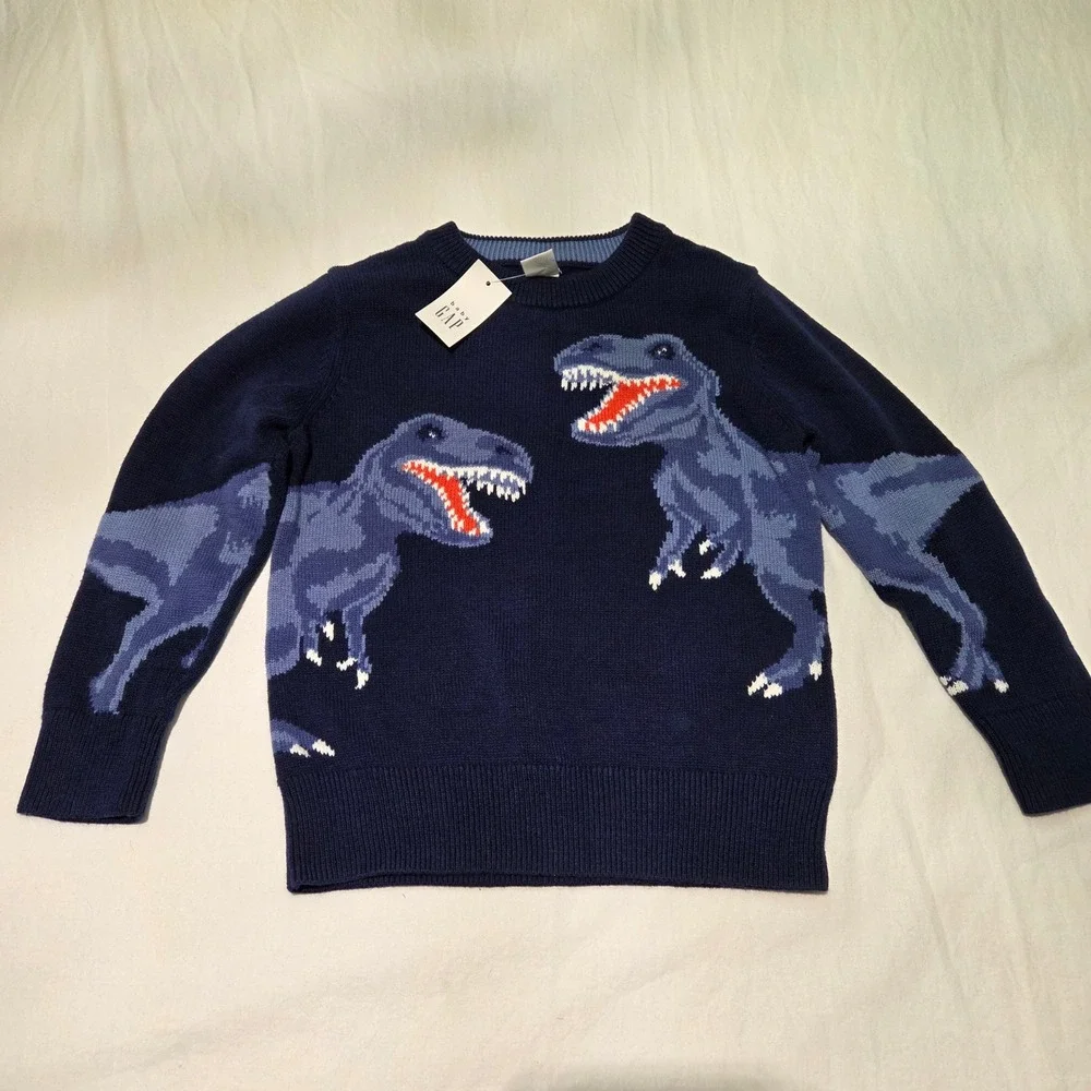 Baby Gap Boys Navy Blue Dinosaur T-Rex Intarsia Knit Sweater 4T New With‎ Tags